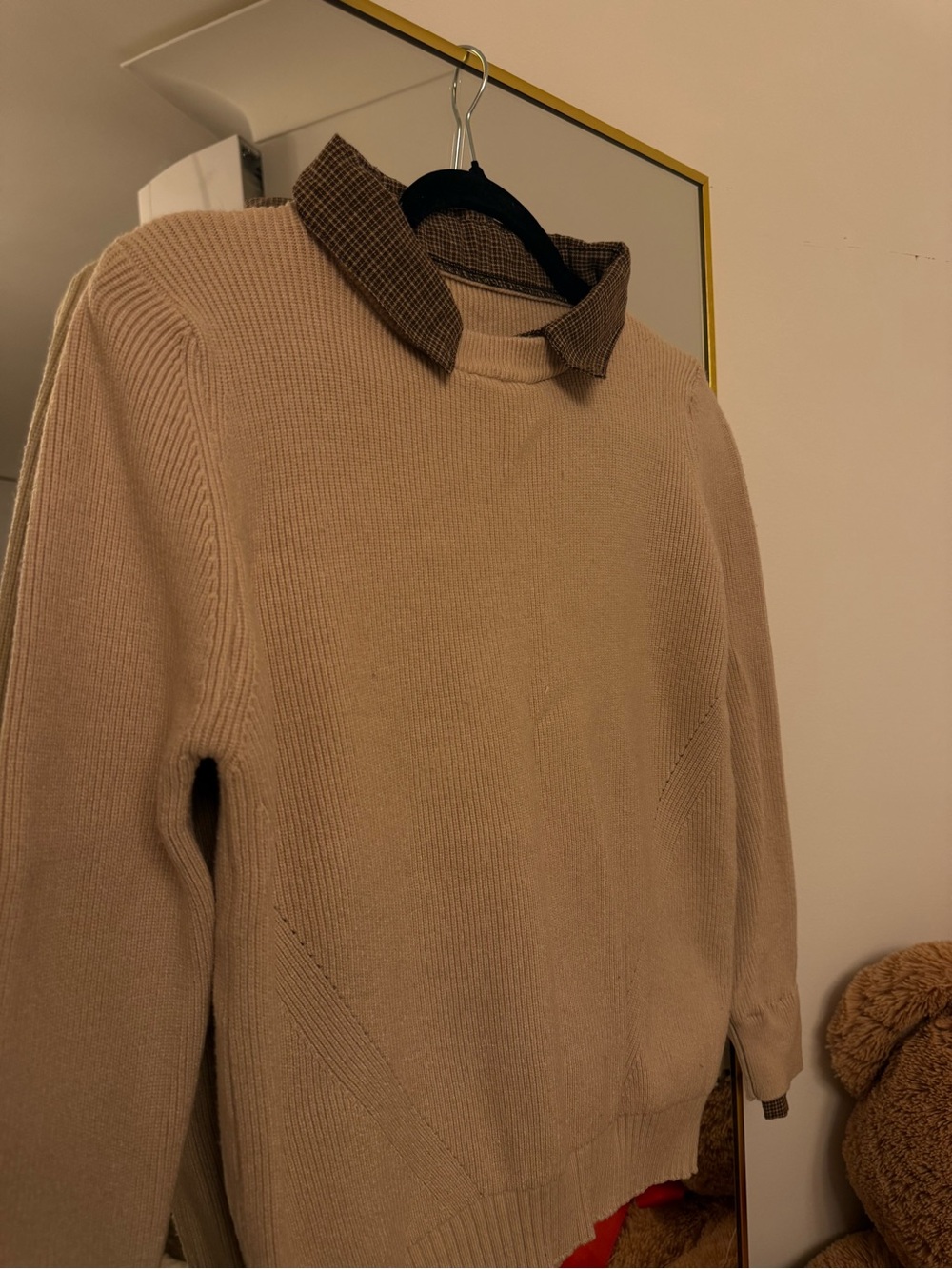 Women’s Cream Crewneck Sweater with Brown Contrast Collar